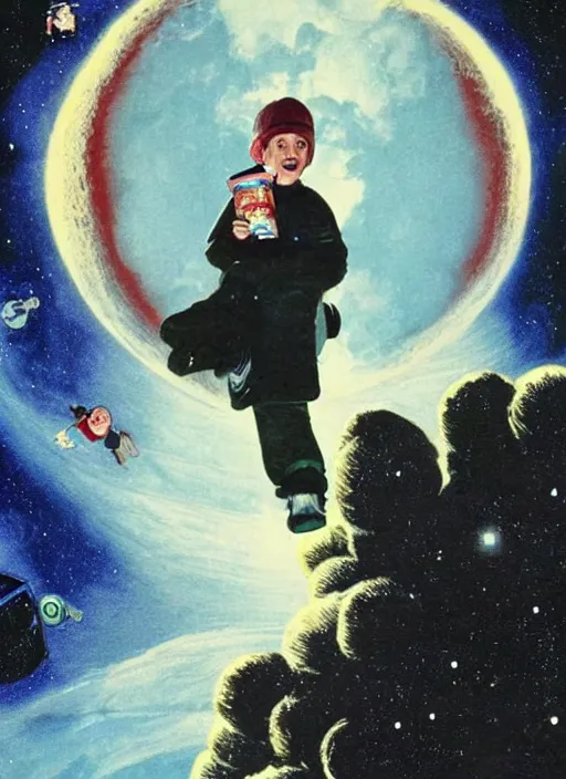 Prompt: a movie poster, kevin from home alone is lost in space, illustrated, sci-fi, eighties