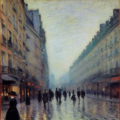 Prompt: Parisian street at night, 1880, Renoir, Jean Béraud, Gustave Caillebotte, Delaroche, Luigi Loir, Edouard Leon Cortes, moody, foggy, victorian buildings, people walking by, melancholic, busy