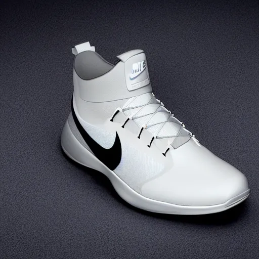 Image similar to a realistic white nike shoe inspired by spaceship interiors with technical mech details