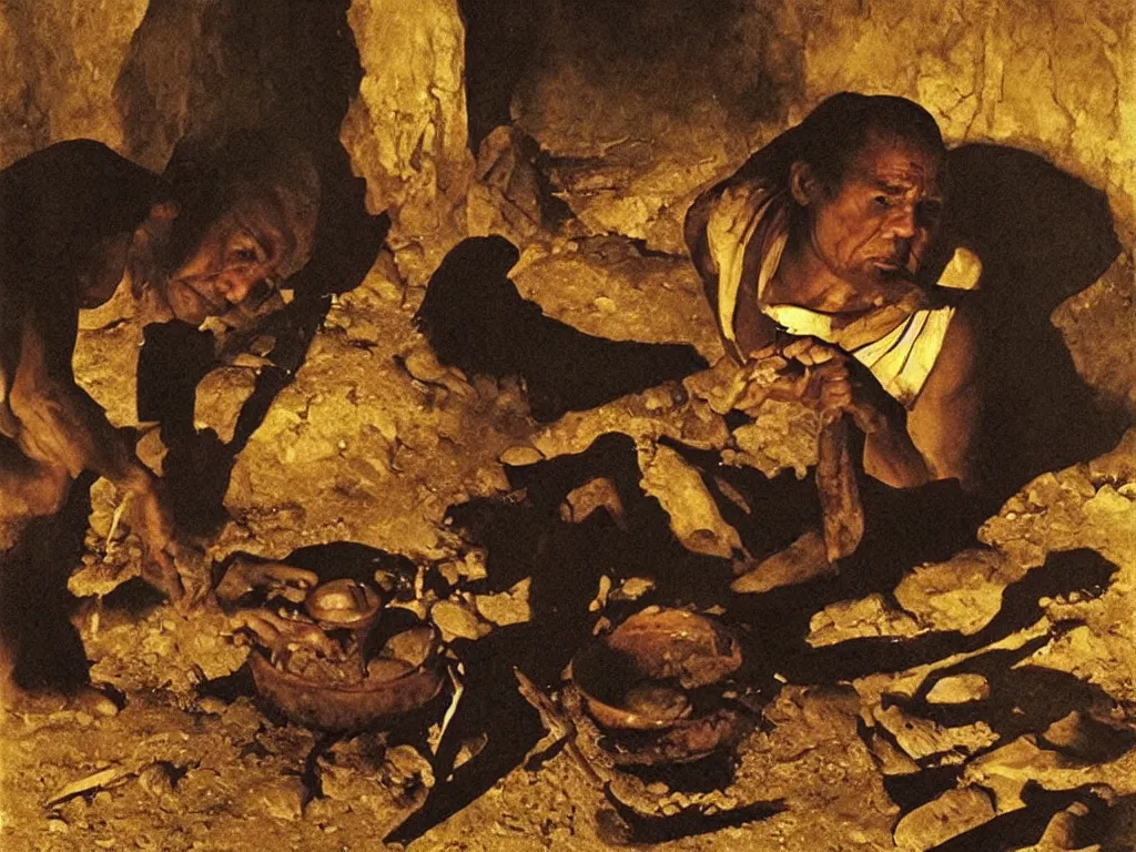 Prompt: The worker of the gold mines eating. Night. Painting by Georges de la Tour, Sebastiao Salgado
