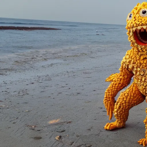 Image similar to a super adorable honeycomb monster crazy craving at the beach