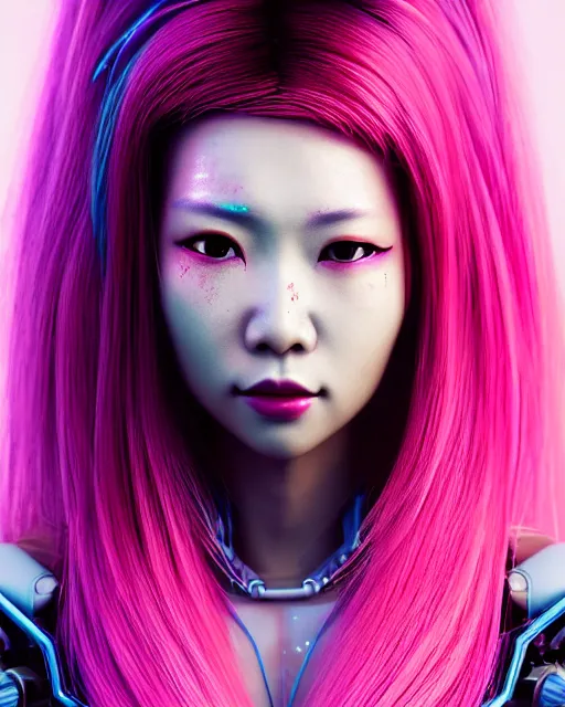 Prompt: portrait of a beautiful asian woman with pink hair as a cyberpunk cyborg half robot, revealing wires and electronics, sci - fi, missing panels, intricate abstract upper body intricate artwork, concept art, octane render, deviantart, cinematic, key art, hyperrealism, iridescent accents, portrait photograph, nikon 3 5 mm, photograph by greg rutkowski