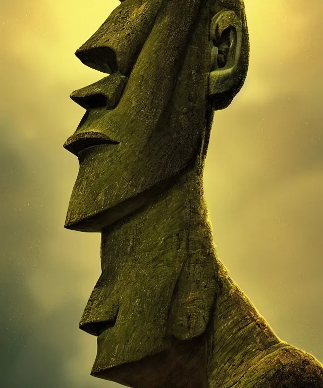Prompt: easter island head with body by charlie bowater and titian and artgerm, full - body portrait, intricate, face, green rolling hills, elegant, yellow mist, beautiful, highly detailed, dramatic lighting, sharp focus, trending on artstation, artstationhd, artstationhq, unreal engine, 4 k, 8 k