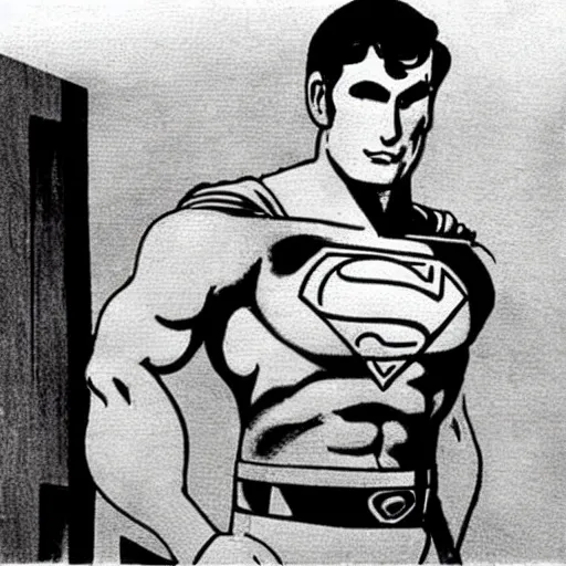 Prompt: woody Alen in superman outfit as muscle man