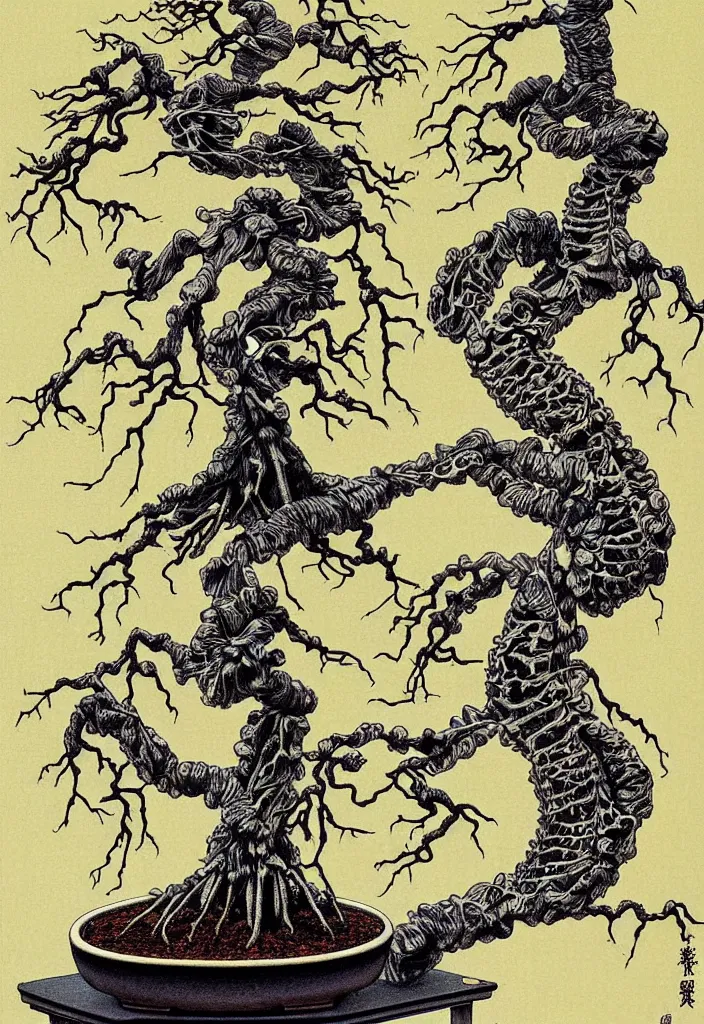 Image similar to prompt: anatomy dissection drawing skeleton Bonsai tree drawn by Takato Yamamoto, bonsai skeleton anatomy atlas, veins and organs attached to tree roots, alchemical objects inspired by 1980's sci-ci, old experimentation cabinet, intricate oil painting detail, manga 1980