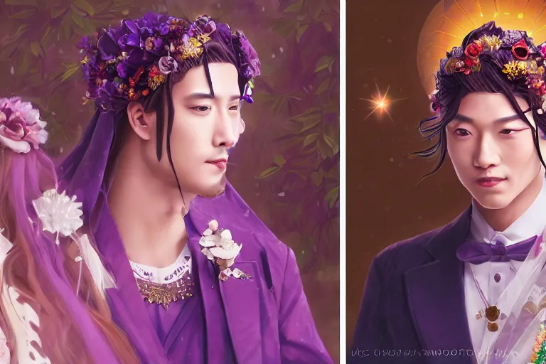 Image similar to a cinematic portrait of wedding photograph jpeg close up moment of a divine a japan sun god and moon goddess lovers magician at a wedding banquet. portraiture. digital painting. artstation. concept art. fantasy wedding photo. digital painting, 8 k realistic, hyper detailed, violet evergarden art masterpiece by art by krenz cushart