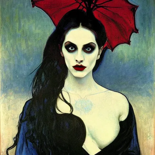 Prompt: A beautiful painting of a lady vampire, victorian, dracula, ominous, oil on canvas, photorealism, edvard munch, alphonse mucha, Johann Heinrich Füssli, irwin penn, high definition, soft light