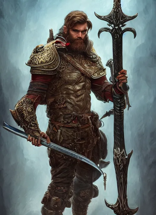 Image similar to PewDiePie as a mean looking hero holding an enormous large dual wielding sword, intricate, elegant, highly detailed, centered, digital painting, artstation, concept art, smooth, sharp focus, illustration, artgerm, donato giancola, Joseph Christian Leyendecker, WLOP, Boris Vallejo, Artgerm