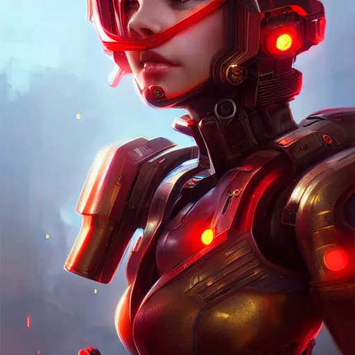 Prompt: cute red armored cyborg - girl by ross draws, long gold hair, yellow eyes, rtx reflections, octane render 1 2 8 k, extreme high intricate details by wlop, digital anime art by tom bagshaw, black shadows, stylized shading