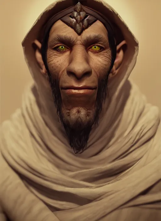 Prompt: portrait of a goblin as arab sheik, trending in artstation, cinematic lighting, studio quality, smooth render, unreal engine 5 rendered, octane rendered, art style by klimt and nixeu and ian sprigger and wlop and krenz cushart.