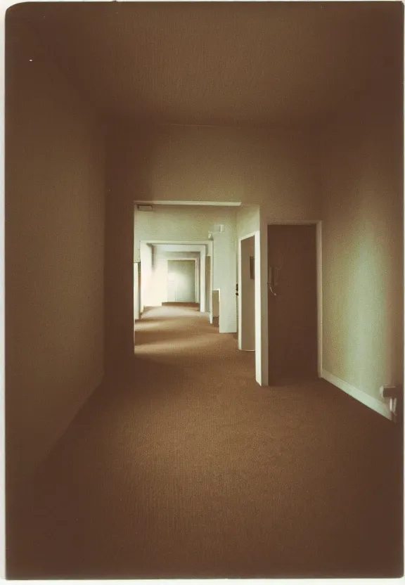 Image similar to a Polaroid photo of an ominous endless space of empty connecting rooms with vanilla colored wallpaper and brown carpet, no windows