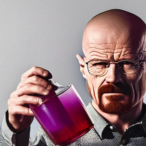 Prompt: walter white drinking a purple liquid in a Styrofoam cup