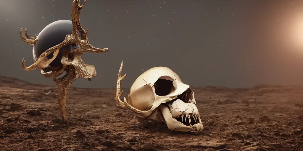 Prompt: ornate deer skull in astronaut suit, gold linens, cinematic lighting, dramatic, octane render, long lens, shallow depth of field, bokeh, anamorphic lens flare, 8k, hyper detailed