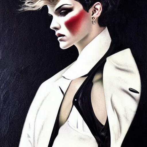 Image similar to stunning portrait of androgynous ruby rose as desire from sandman in a white tuxedo!!!, rockabilly style, by frank moth, by alphonse mucha, by jeremy mann, by peter lindbergh, dave mckean, white suit and black tie, soft lightning, high detailed, 8 k