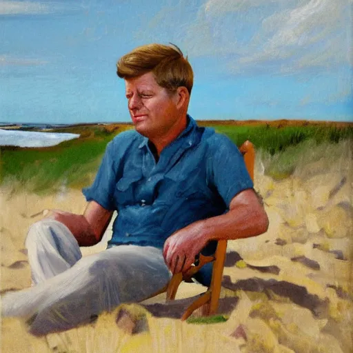 Image similar to portrait of john f kennedy, wrinkled, grey hair sitting on rocking chair, landscape of nantucket beach, dunes, ocean, bluff, handsome, hawaiian shirt, oil on canvas by william sidney mount - 1 9 8 2, trending on artstation