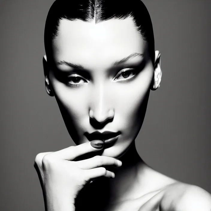 Image similar to photography face portrait of a beautiful woman like bella hadid, black and white photography portrait, skin grain detail, high fashion, studio lighting film noir style photography, by richard avedon, and paolo roversi, nick knight, hellmut newton, nobuyo araki, on a tropical wallpaper exotic patern background