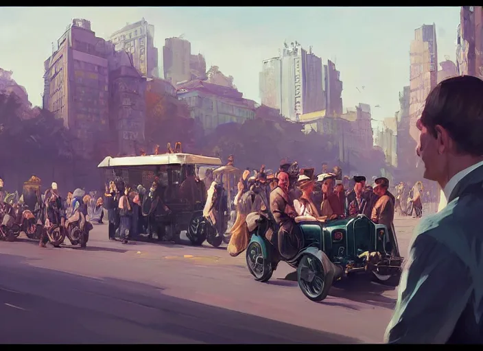 Image similar to an oligarch riding an open coach pulled by crowd of poor people instead of horses in a Mandelbrot fractal modern city by Craig Mullins, ilya kuvshinov, krenz cushart, artgerm trending on artstation by Edward Hopper and Dan Mumford and WLOP and Rutkovsky, Unreal Engine 5, Lumen, Nanite