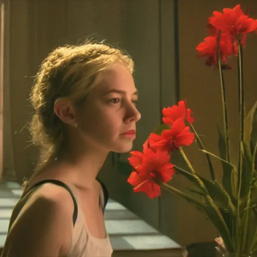 Image similar to movie still of the girl with the flowers head, cinematic composition, cinematic light, by edgar wright and david lynch