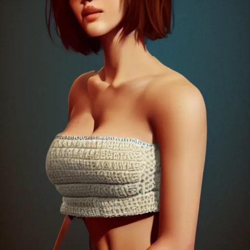 Image similar to Caucasian female model with short hair wearing a crocheted croptop, digital painting, smooth, small chest, artstation, full body realistic portrait, HD, dramatic lighting, highly detailed
