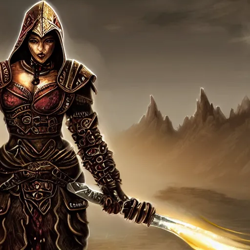 Image similar to unknown the elder scrolls vi hammerfall, charismatic rugged female redguard character portrait partially clothed in hooded metal - plated exquisitely detailed hooded battle armour, desert, tropical jungle setting, atmospheric lighting, painted, intricate, volumetric lighting, beautiful, rich deep colours masterpiece, sharp focus, ultra detailed