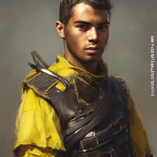 Image similar to Medium closeup young idealistic and pious homely male Imperial soldier wearing a black tabard with light yellow accents over a gambeson and a barbute!!!!! helm, by Raymond Swanland Greg Rutkowski Lise Deharm, {perfect face}, {perfect eyes}, {uncertain look}, {on edge}