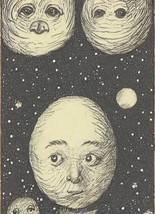 Prompt: candid portrait of a moon with a face in the starry sky, illustrated by peggy fortnum and beatrix potter and sir john tenniel