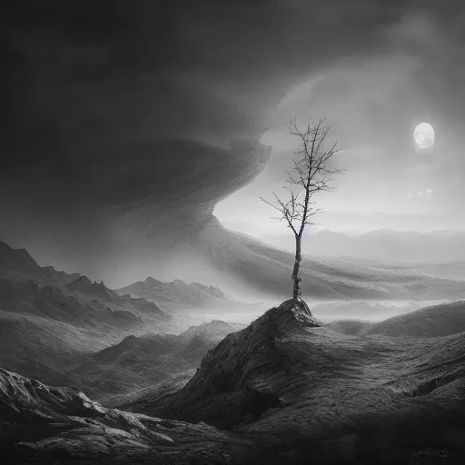 Image similar to michal karcz charcoal drawing of a beautiful landscape. , horror theme, detailed, elegant, intricate, 4k,