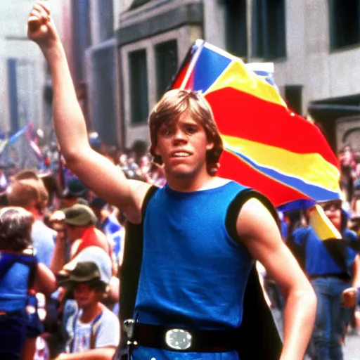 Prompt: rotj luke skywalker goes to pride, getty images, victorious, flags, parade, gay rights, bright smiles, daylight, twenty three year old luke skywalker at gay pride, 3 5 mm photography, played by young mark hamill, very happy, smiling