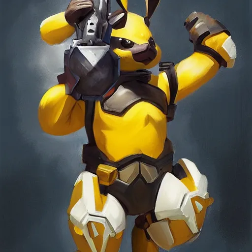 Image similar to greg manchess portrait painting of partially armored pikachu as overwatch character, medium shot, asymmetrical, profile picture, organic painting, sunny day, matte painting, bold shapes, hard edges, street art, trending on artstation, by huang guangjian and gil elvgren and sachin teng