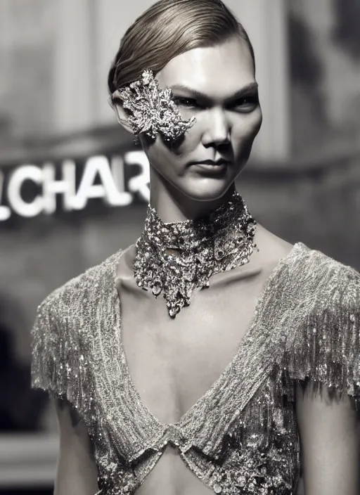 Image similar to A beautiful portrait of Karlie Kloss as a model at Chanel fashion show Paris Spring/Summer 2018, highly detailed, in the style of cinematic, fashionweek backstage, makeup by Pat Mcgrath, shot by Greg rutkowski