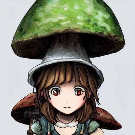 Image similar to cute little girl with a mushroom hat in dark forest, cute artwork, clean detailed, inspired in made in abyss