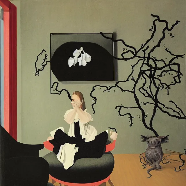 Image similar to a female pathology student in her apartment, wild berry vines, pig, black walls, ikebana, pear, snakes, black armchair, sculpture, acrylic on canvas, surrealist, by magritte and monet