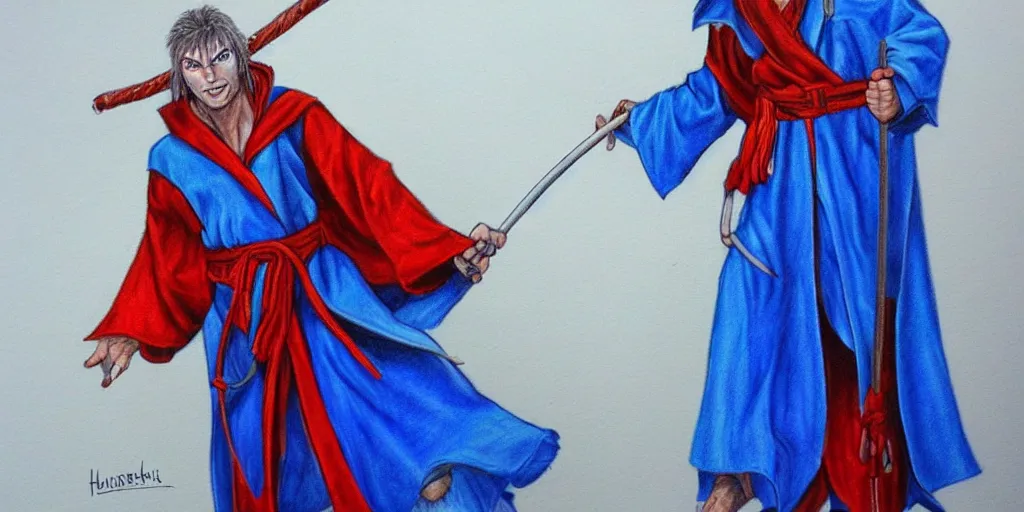 Prompt: an airbrush fantasy drawing of a druid warlock dnd character wearing blue robe with red belt.-H 576