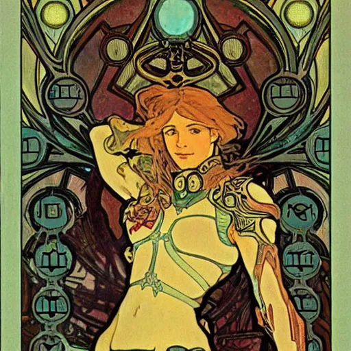 Prompt: Metroid by Alphonse Mucha, high detail, peaceful colors, tarot card