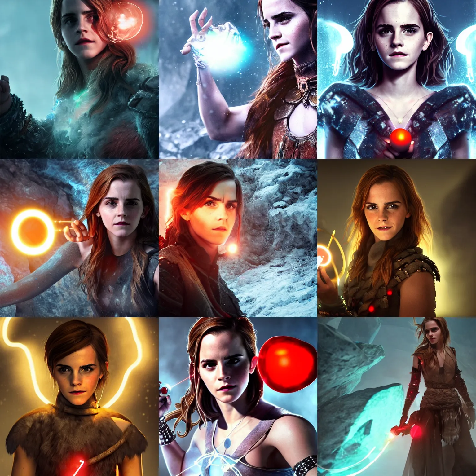 Prompt: Emma Watson wearing a barbarian tunic holding a small glowing red magical orb with electrical bolts emitting from it. In an icy cave. Trending on Artstation octane render ultra detailed art by Ross tran