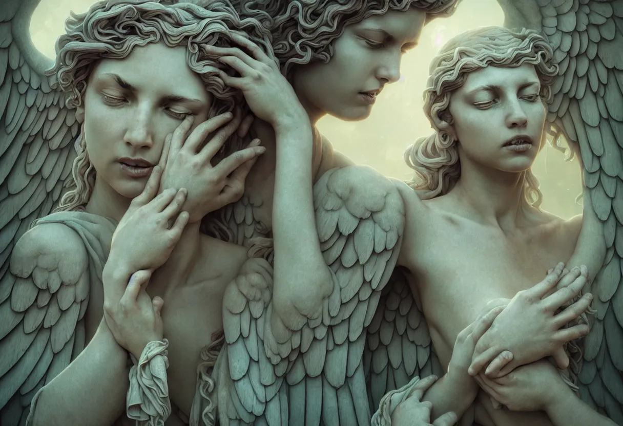 Image similar to beautiful very extreme closeup portrait, weeping angels, angel of grief, stone statues, beautiful woman body, unreal engine, greg rutkowski, loish, rhads, beeple, tom bagshaw, alphonse mucha, global illumination, detailed and intricate environment