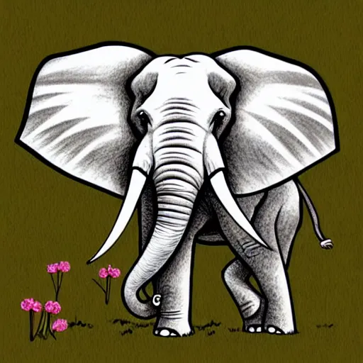 Image similar to an elephant with its two ears and its trunk in a meadow, colouring - in sheet, character art, sharp focus, highly detailed, artstation