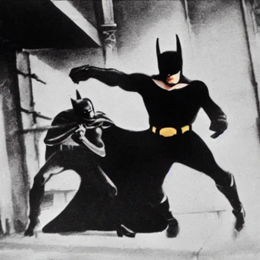 Image similar to a close - up old black and white photo, 1 9 1 3, depicting batman fighting a mafia boss in an ally of new york city, rule of thirds, historical record