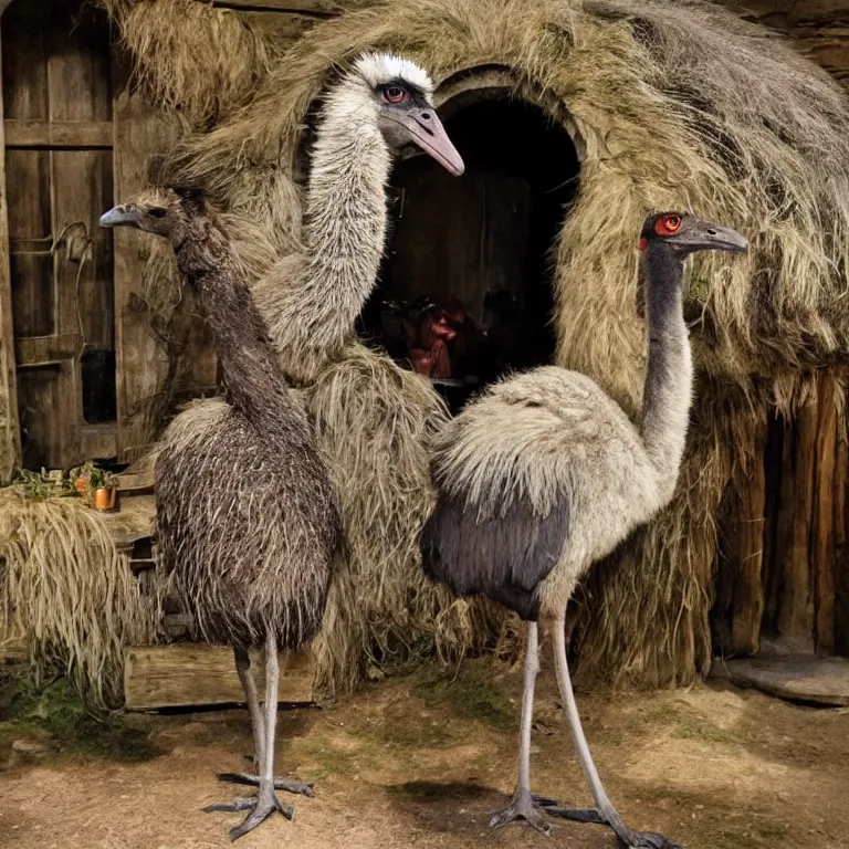 Image similar to an emu in the middle of a crowded hobbit tavern