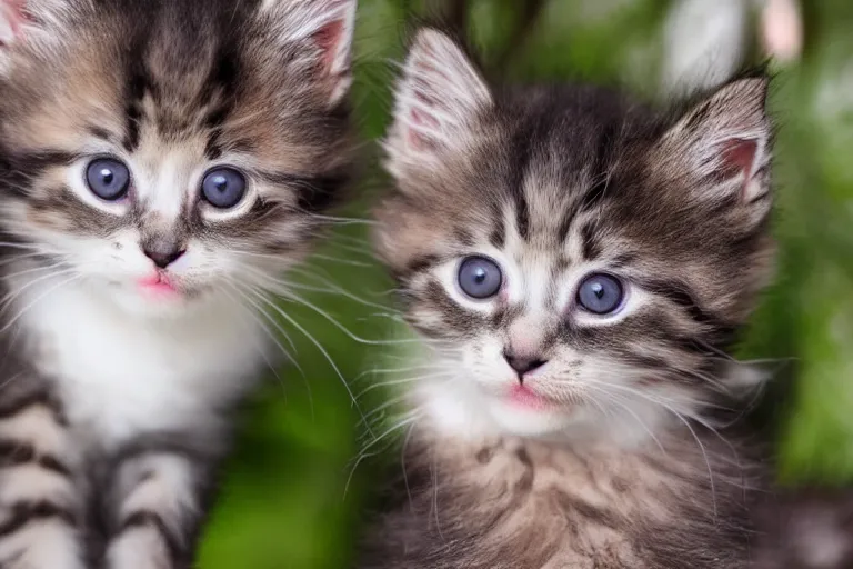 Image similar to kittens that are in a tree and the kittens are looking directly into the camera