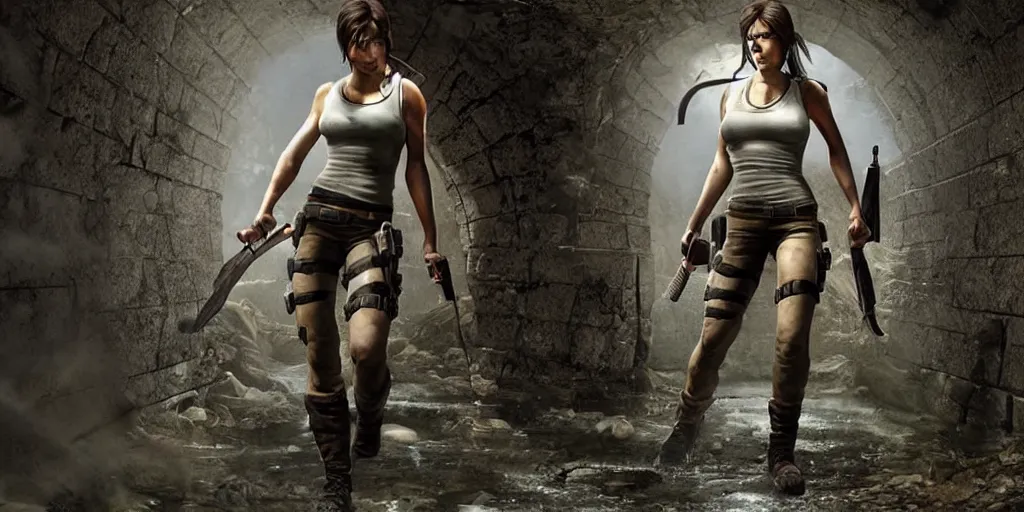 Prompt: an extremely fed up Lara Croft wading through an ancient sewer, creepy shadows