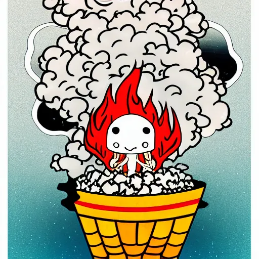 Image similar to fluffy popcorn hit by lightning, yokai, in the style of a manga character, with a smiling face and flames for hair, sitting on a lotus flower, white background, simple, clean composition, symmetrical