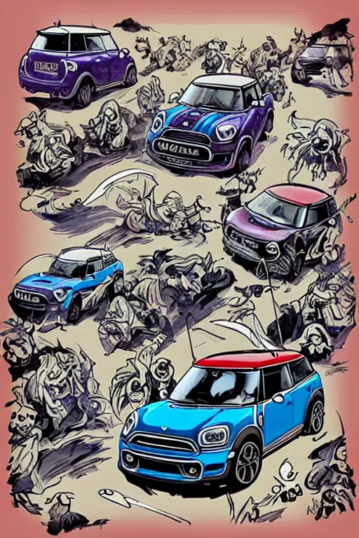 Image similar to “Poster of Blue Mini Cooper Countryman Hybrid with Vikings warriors in a battle. Retro cartoon caricature.”