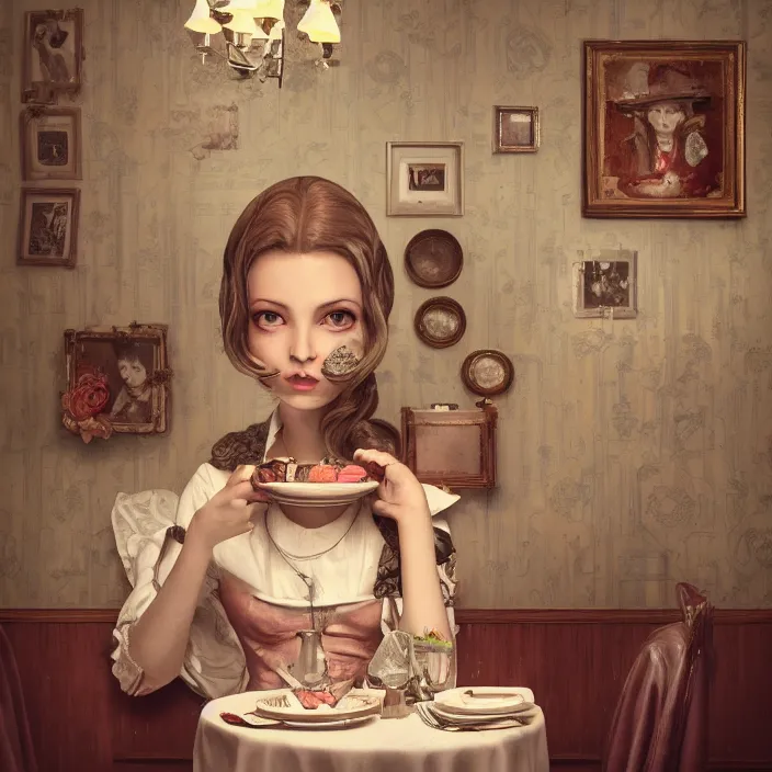 Image similar to portrait of a retro dining room, depth of field, zeiss lens, detailed, symmetrical, centered, fashion photoshoot, by nicoletta ceccoli, mark ryden, lostfish, breathtaking, 8 k resolution, extremely detailed, beautiful, establishing shot, artistic, hyperrealistic, octane render