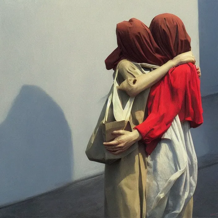 Image similar to two women hugging with a paper bag over the head dressed in plastic bags, highly detailed, artstation, art by, , edward hopper, Zdzislaw Beksinski, highly detailed