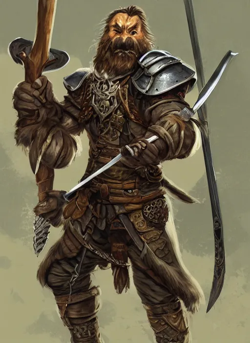 Image similar to strong young man, photorealistic bugbear ranger holding aflaming sword, black beard, dungeons and dragons, pathfinder, roleplaying game art, hunters gear, jeweled ornate leather and steel armour, concept art, character design on white background, by alan lee, norman rockwell, makoto shinkai, kim jung giu, poster art, game art