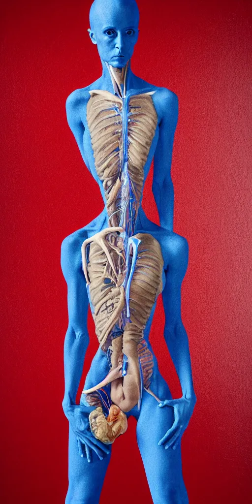 Image similar to poster design, full body anatomical model, 3 d photographic render of a deconstructed asymmetric human anatomical correct human body, in hoc signo vinces, waterfall, in the style of leonora carrington, gottfried helnwein, intricate composition, blue light by caravaggio, insanely quality, highly detailed, masterpiece, red light, artstation