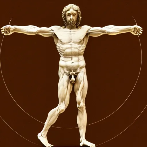 Prompt: Da Vinci's Vitruvian Man as a marble sculpture by Michelangelo, 4k, hyperrealistic, detailed, accurate anatomy, four legs, four arms, octane render, studio lighting