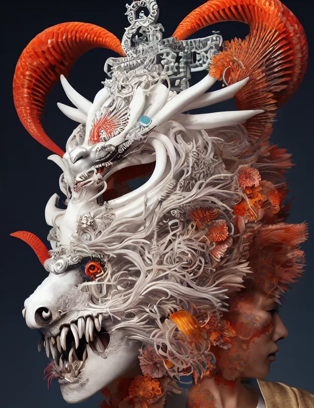 Image similar to 3 d goddess of hell close - up profile portrait with ram skull. beautiful intricately detailed japanese crow kitsune mask and clasical japanese kimono. betta fish, jellyfish phoenix, bio luminescent, plasma, ice, water, wind, creature, artwork by tooth wu and wlop and beeple and greg rutkowski