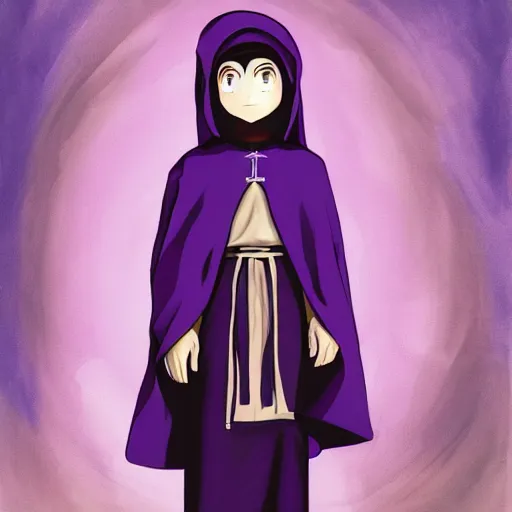 Image similar to little boy wearing nun outfit. purple and black color palate, detailed soft painting, made in abyss art style, inspired in hirohiko araki, anatomically correct